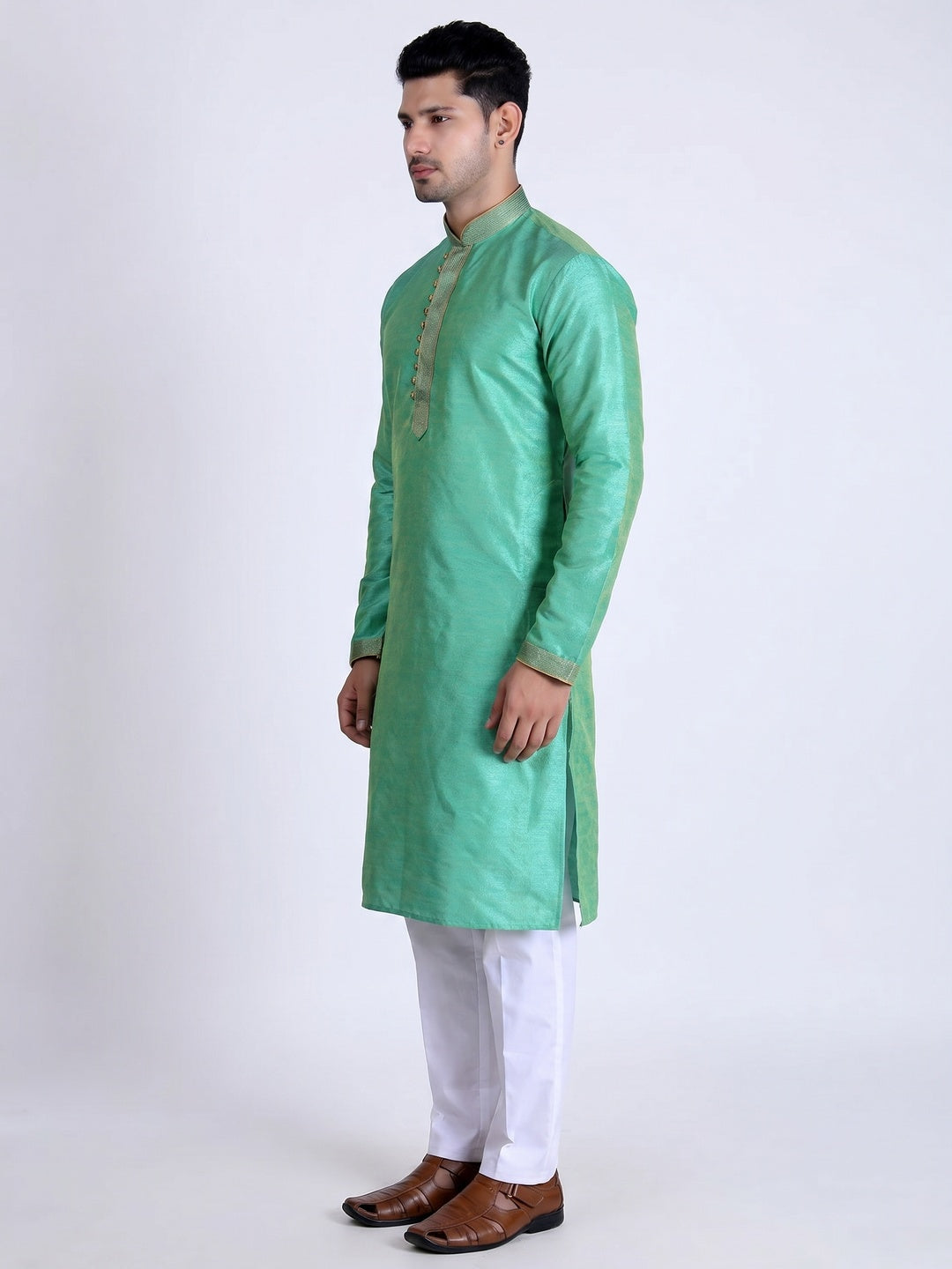 Turquoise Printed Art Silk Men's Kurta Pyjama Set - Image 1