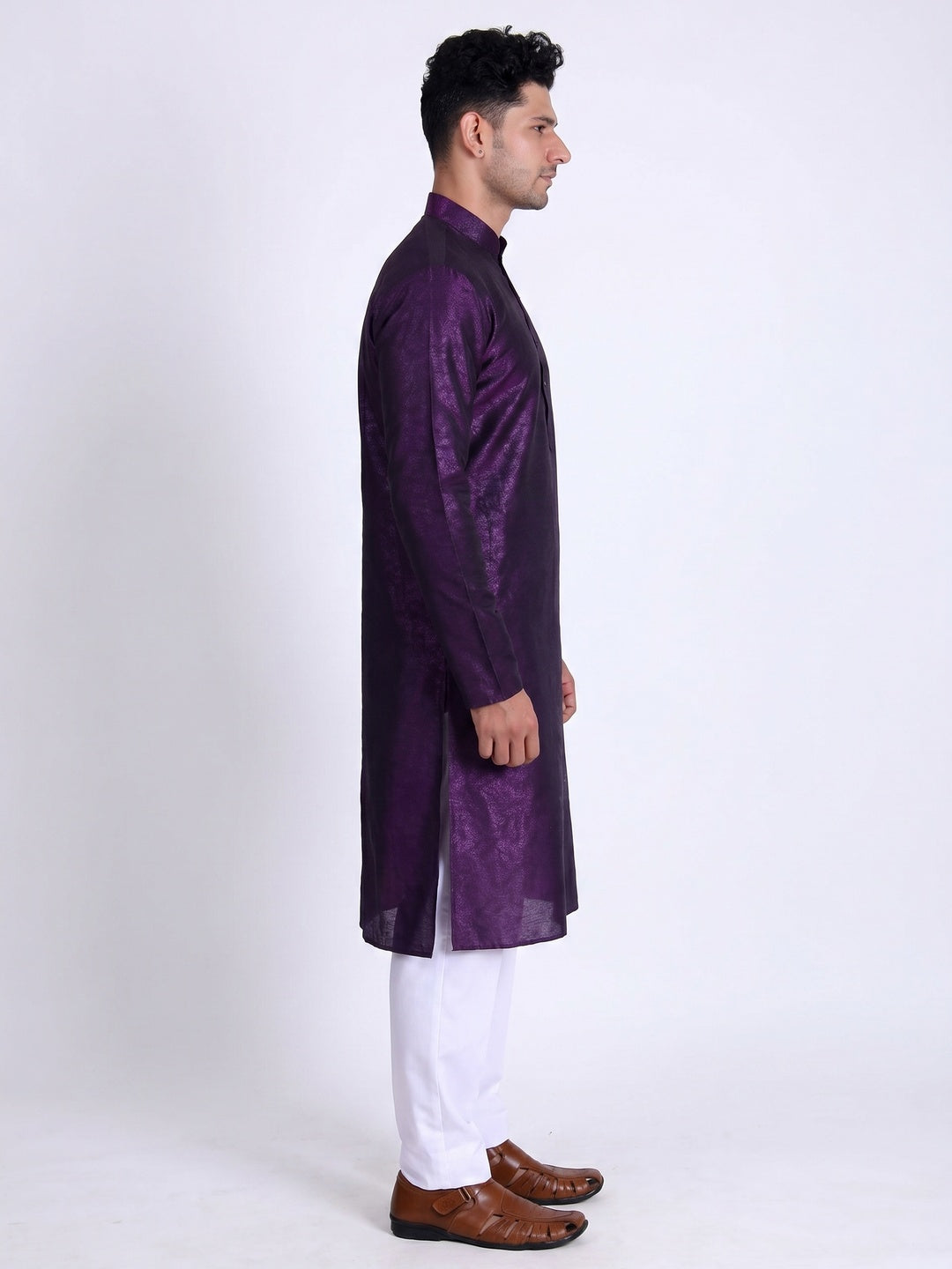Wine Printed Art Silk Men's Kurta Pyjama Set - Image 1