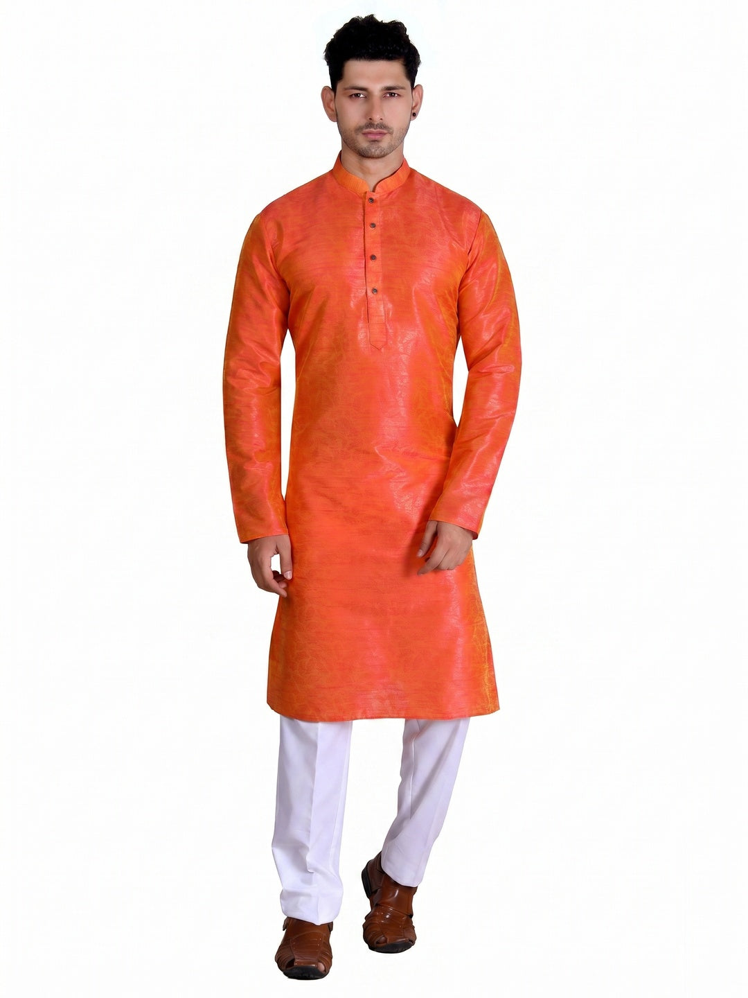 Orange Woven Art Silk Men's Kurta Pyjama Set - Image 1