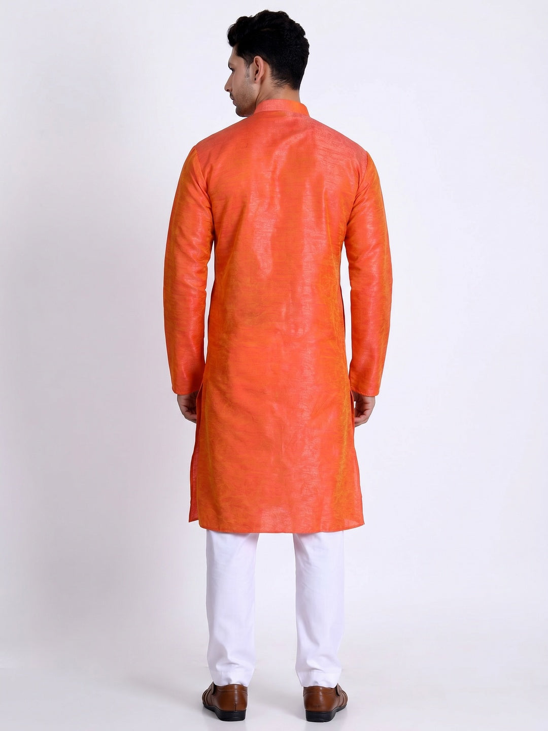 Orange Woven Art Silk Men's Kurta Pyjama Set - Image 3