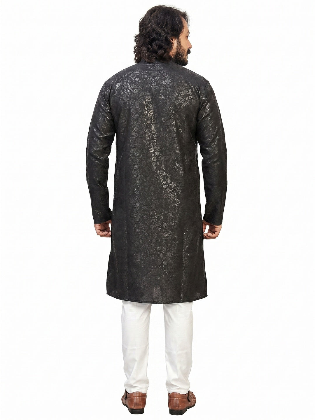 Black Printed Art Silk Men's Kurta Pyjama Set - Image 2