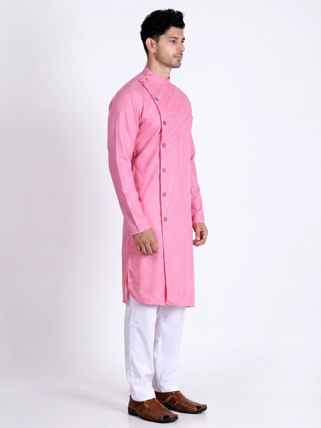 Pink Solid Cotton Blend Men's Kurta Pyjama Set - Image 3