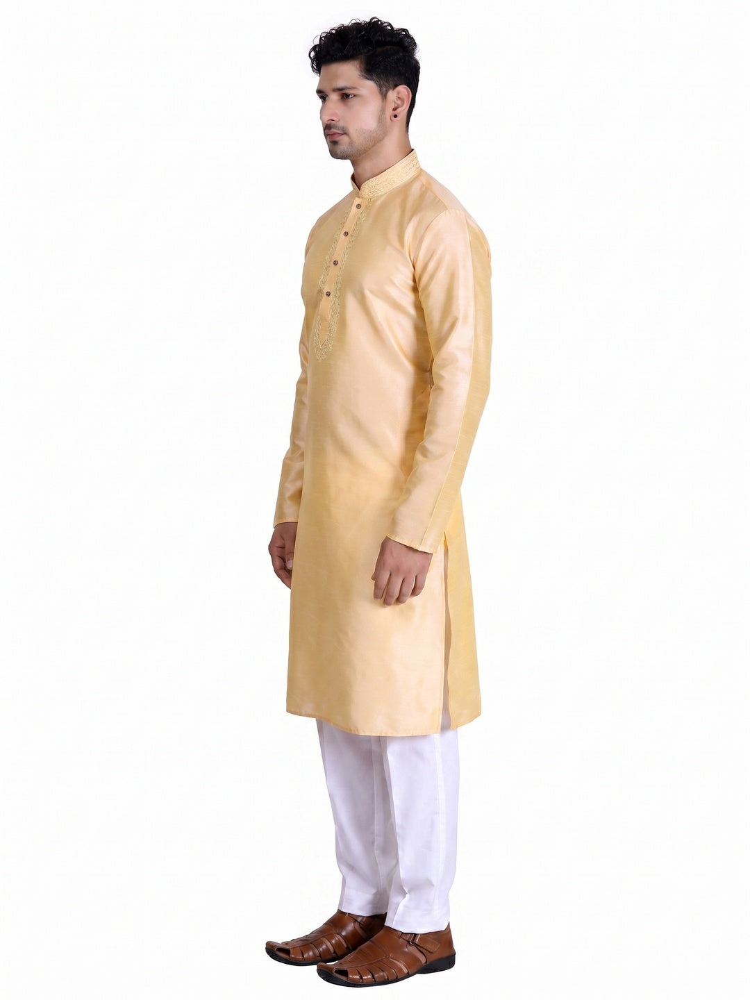 Light Yellow Woven With Embroidered Art Silk Men's Kurta Pyjama Set - Image 3