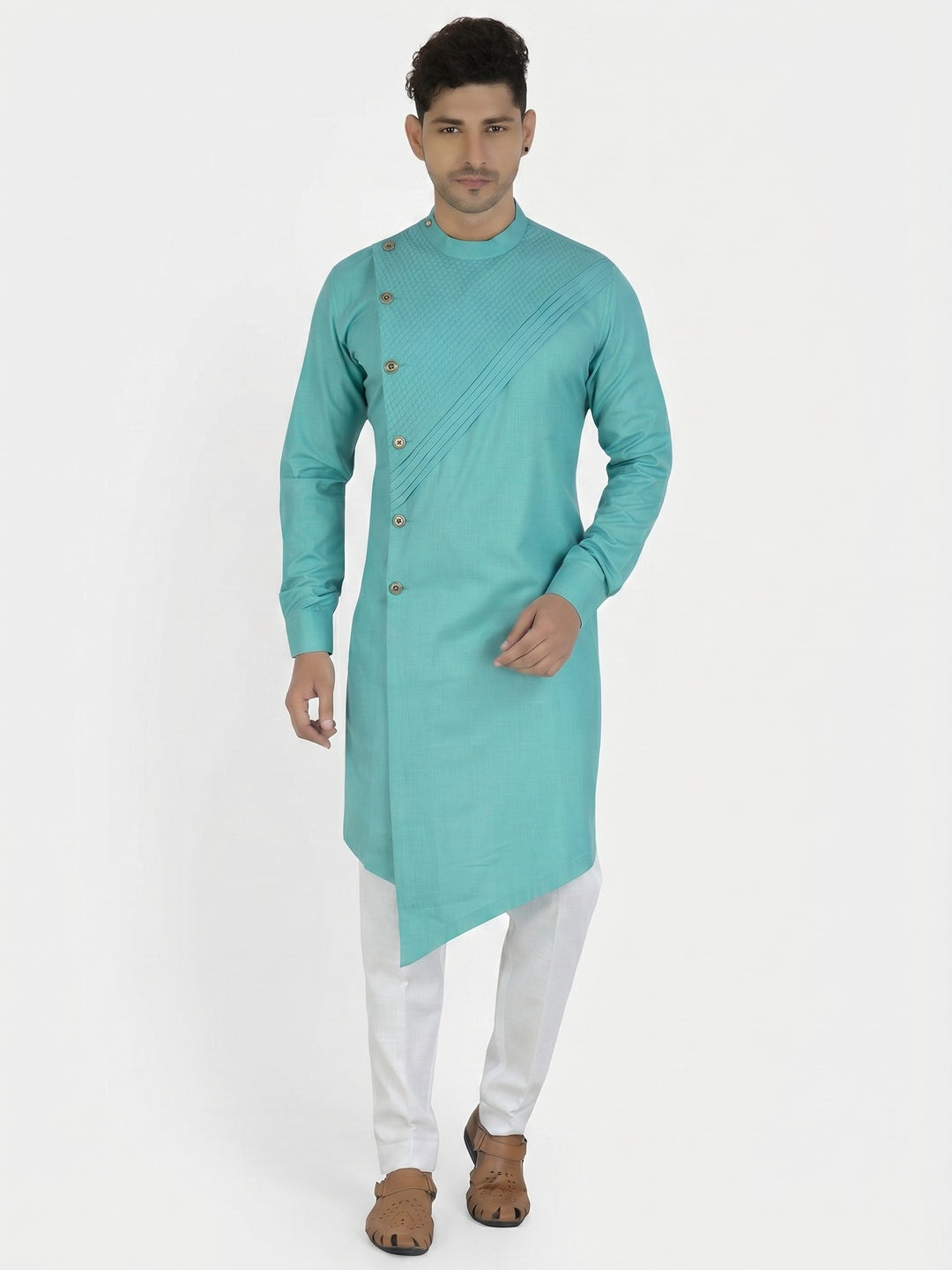 Blue Solid Pure Cotton Men's Kurta Pyjama Set - Image 1