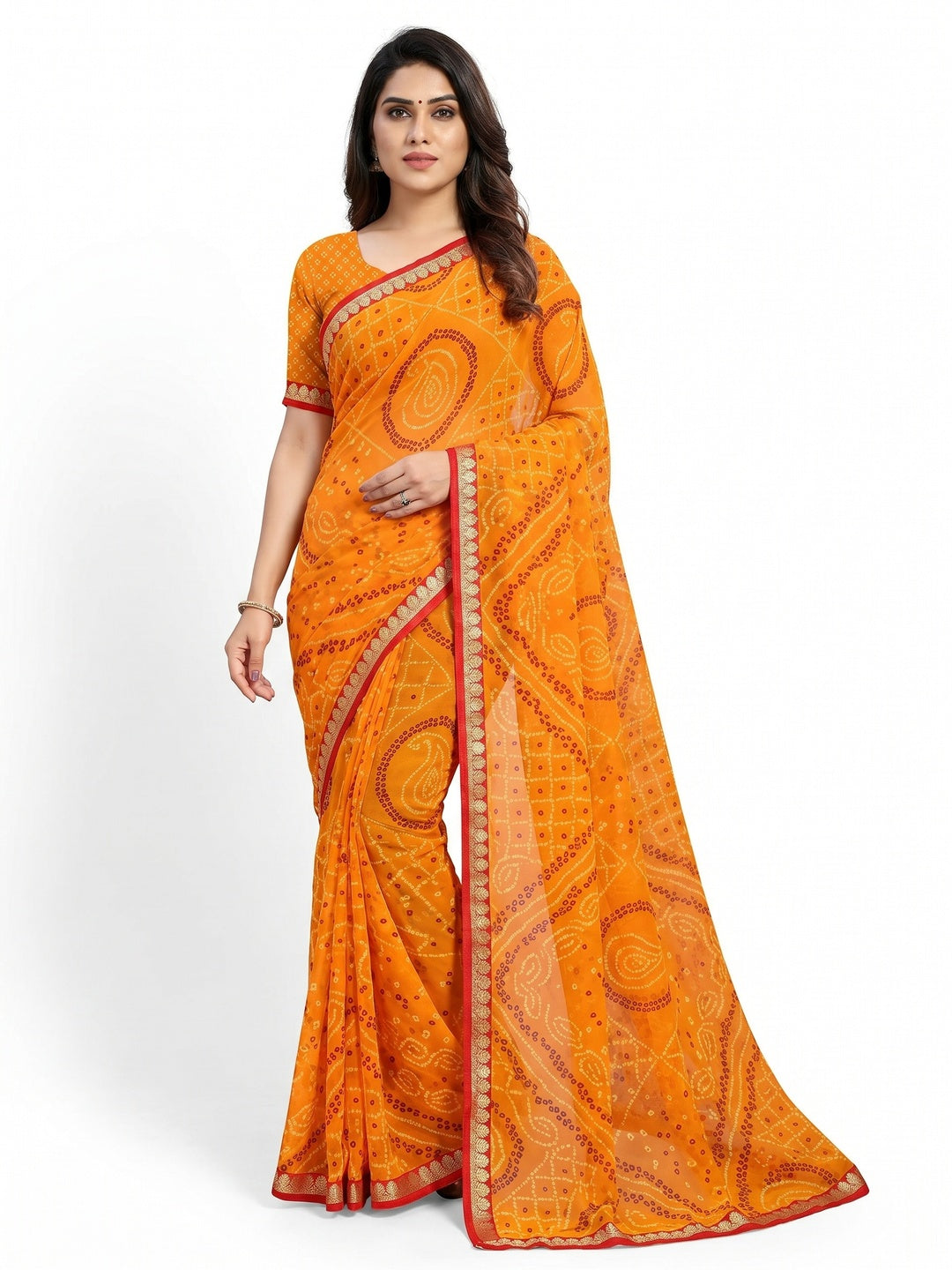 Orange Bandhani Printed Georgette Saree With Fancy Border - Image 1