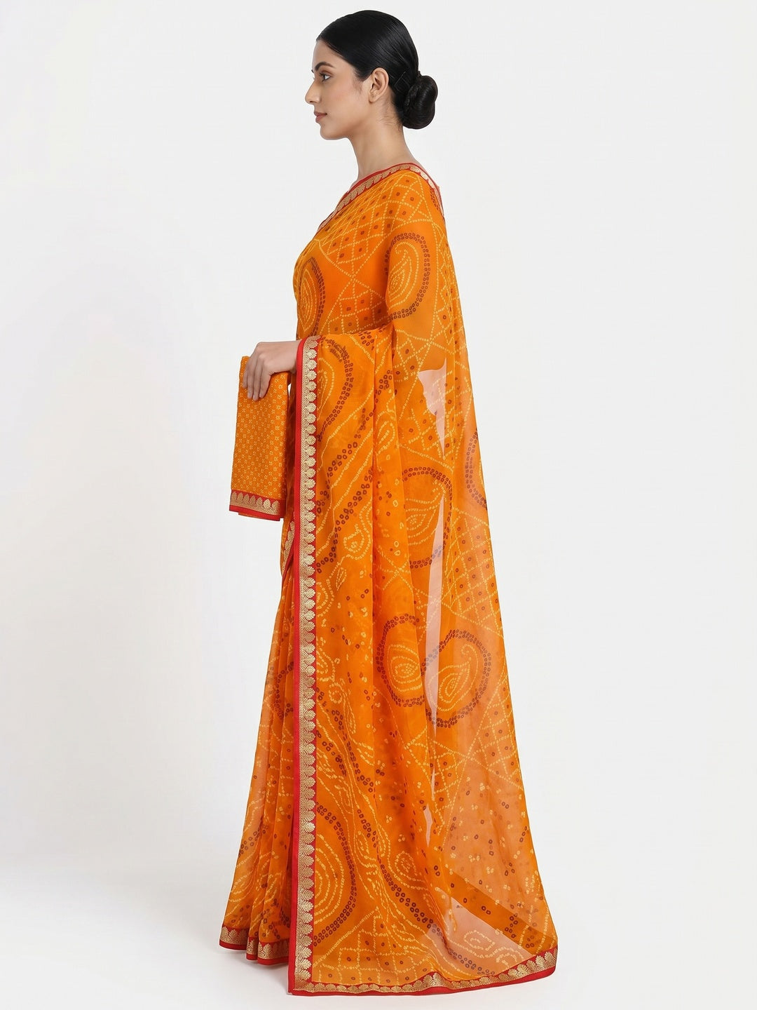 Orange Bandhani Printed Georgette Saree With Fancy Border - Image 2