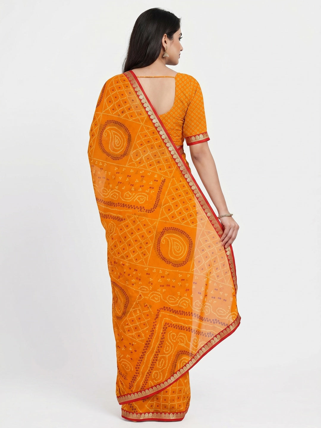 Orange Bandhani Printed Georgette Saree With Fancy Border - Image 3