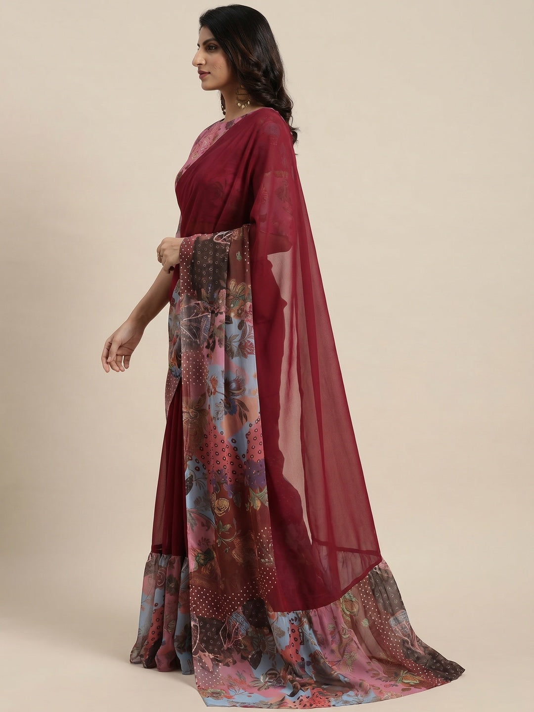 Maroon Printed Georgette Saree - Image 1