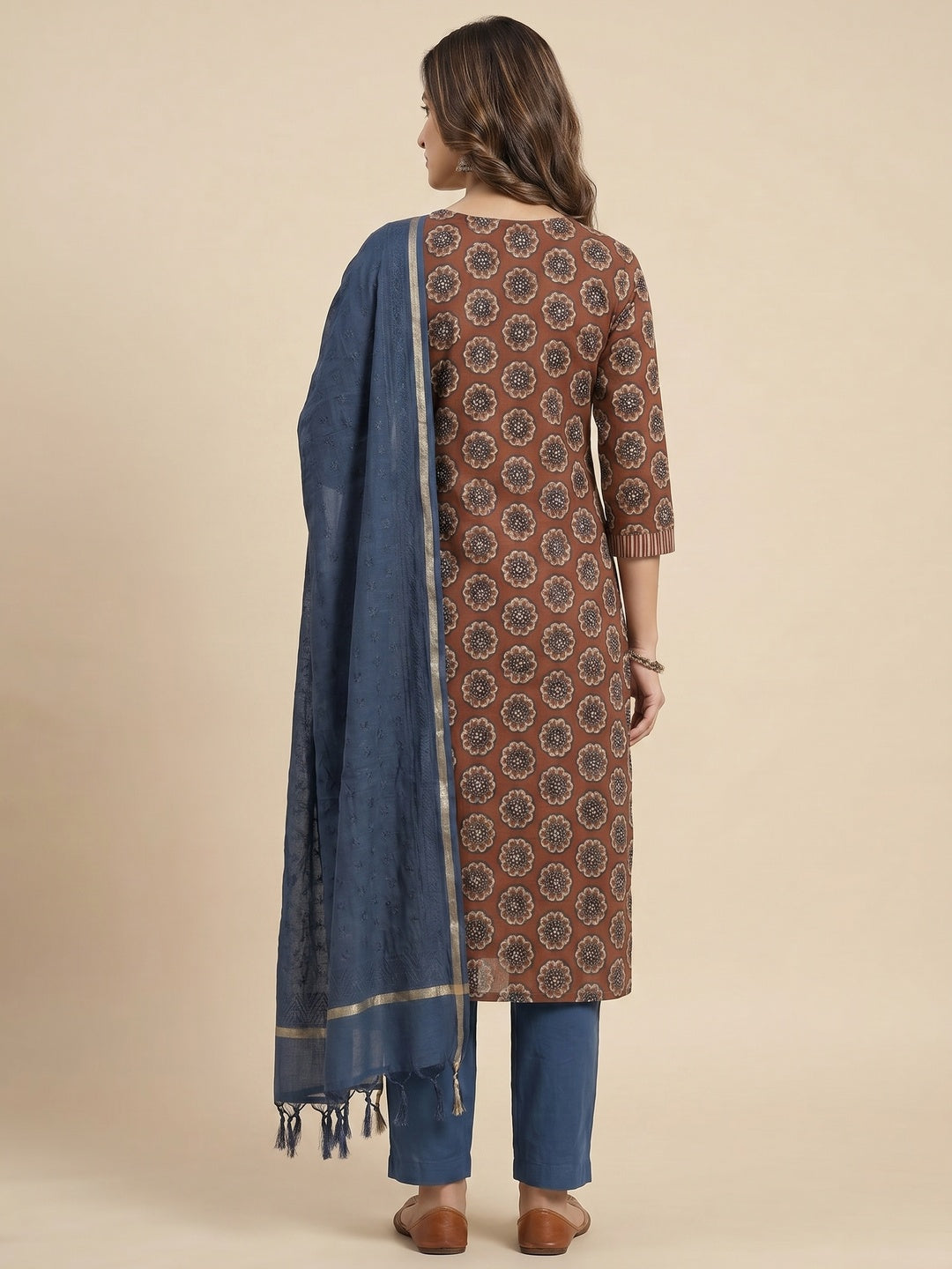 Brown Printed Pure Cotton Kurti Pant Set With Dupatta - Image 3