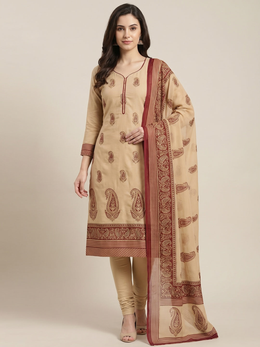 Beige Embroidered Fancy Fabric Dress Material - Image 4