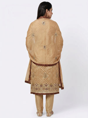 Beige Embroidered Fancy Fabric Dress Material - Image 2