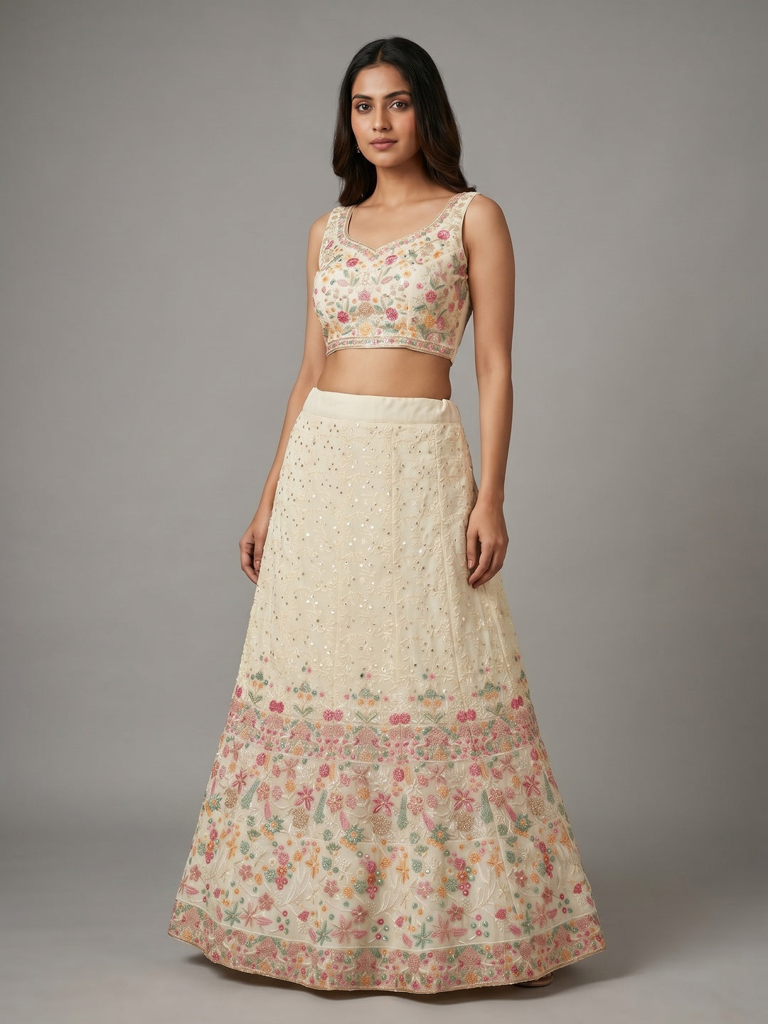 Cream Floral Embroidered Georgette Lehenga - Image 1