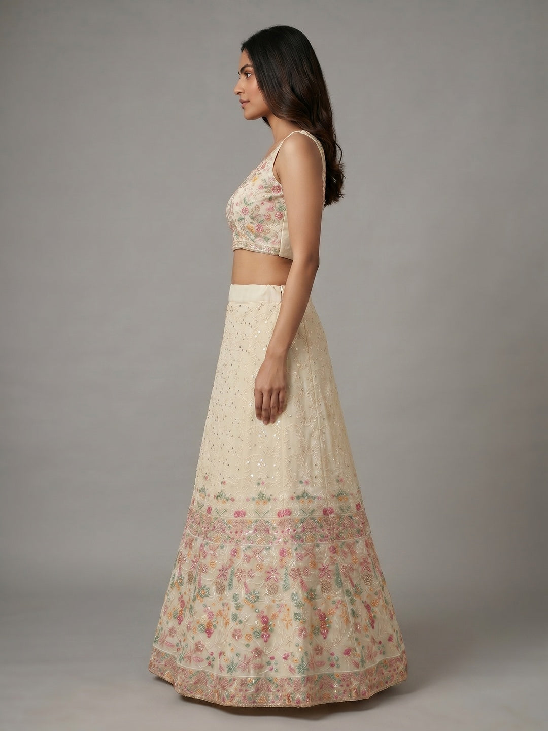 Cream Floral Embroidered Georgette Lehenga - Image 2