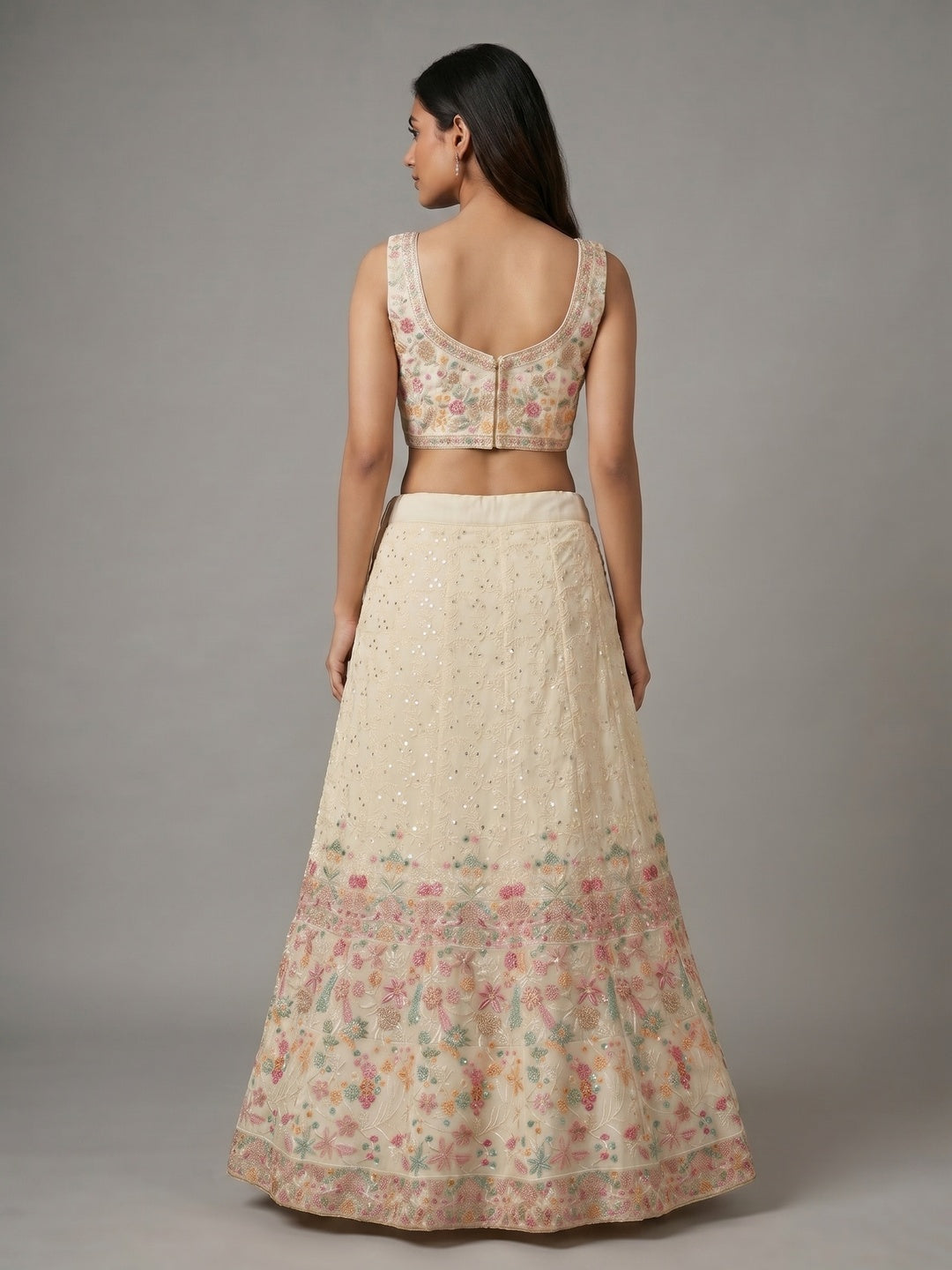 Cream Floral Embroidered Georgette Lehenga - Image 3