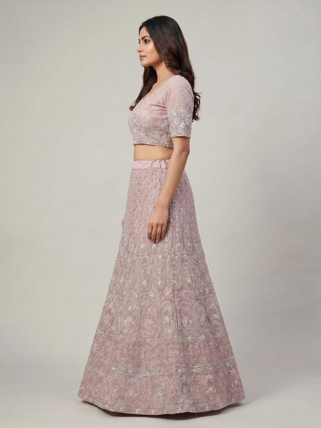 Pink Floral Embroidered Net Lehenga - Image 3