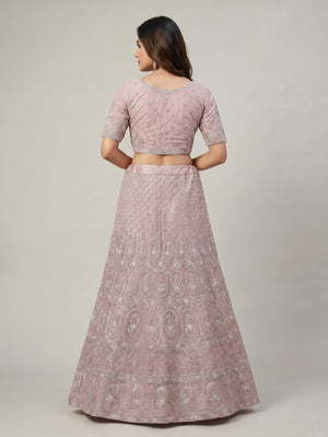 Pink Floral Embroidered Net Lehenga - Image 2