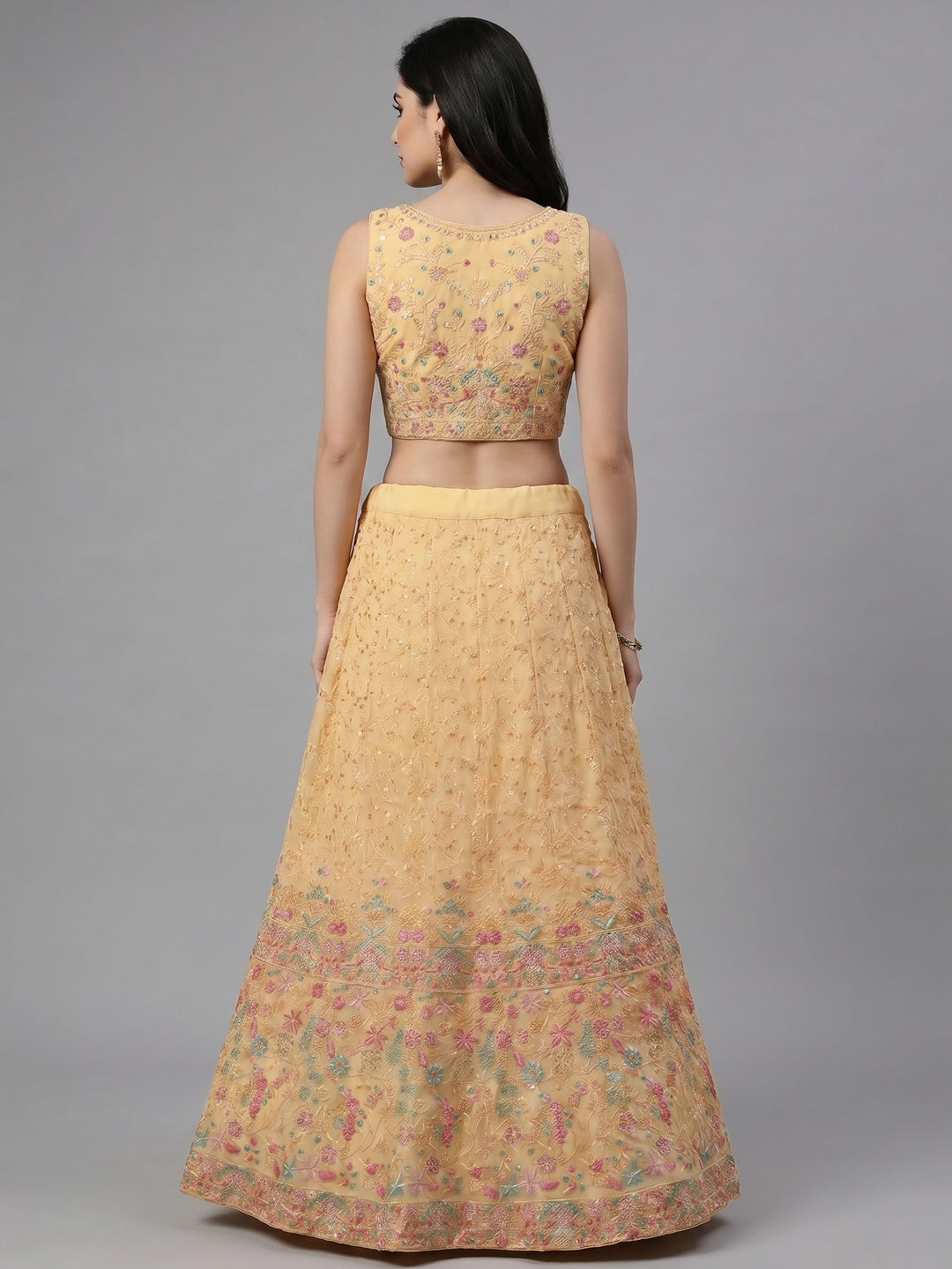 Peach Floral Embroidered Georgette Lehenga - Image 3