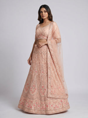 Peach Sequins With Floral Embroidered Net Lehenga - Image 1