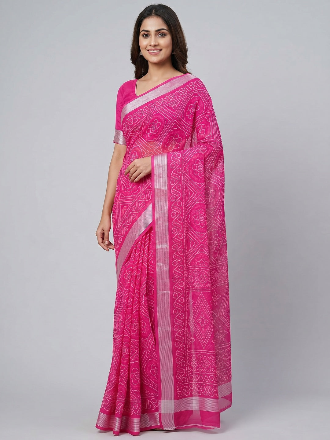Rani Pink Bandhani Printed Chiffon Saree - Image 1