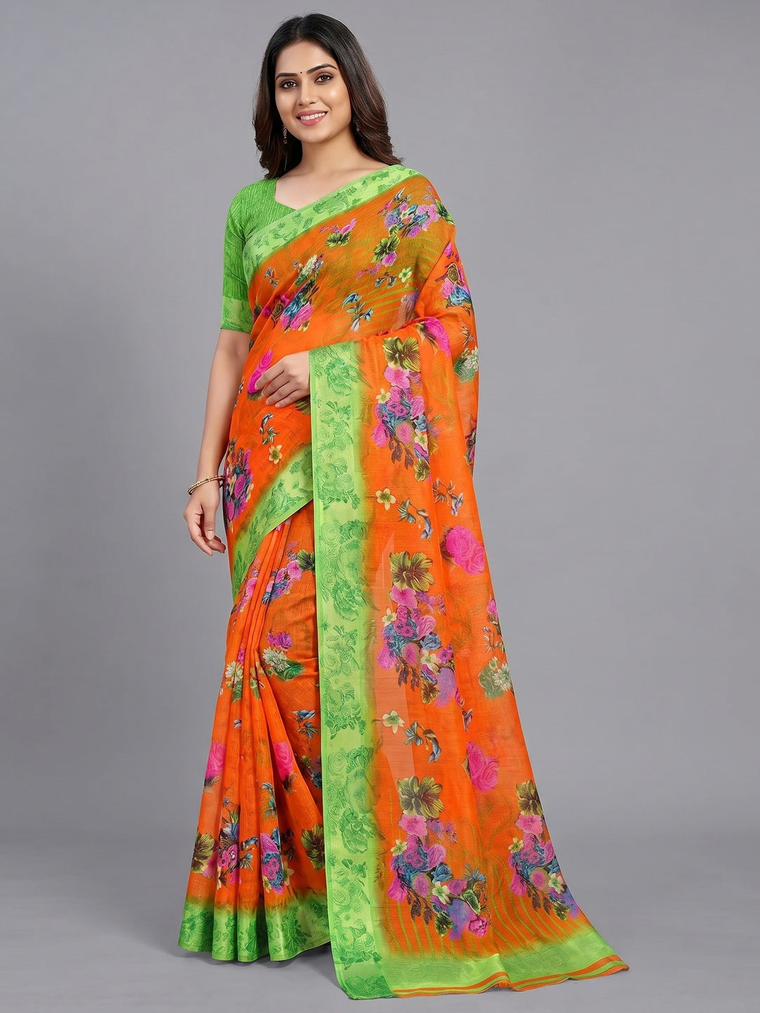 Orange Floral Printed Linen Saree - Image 1