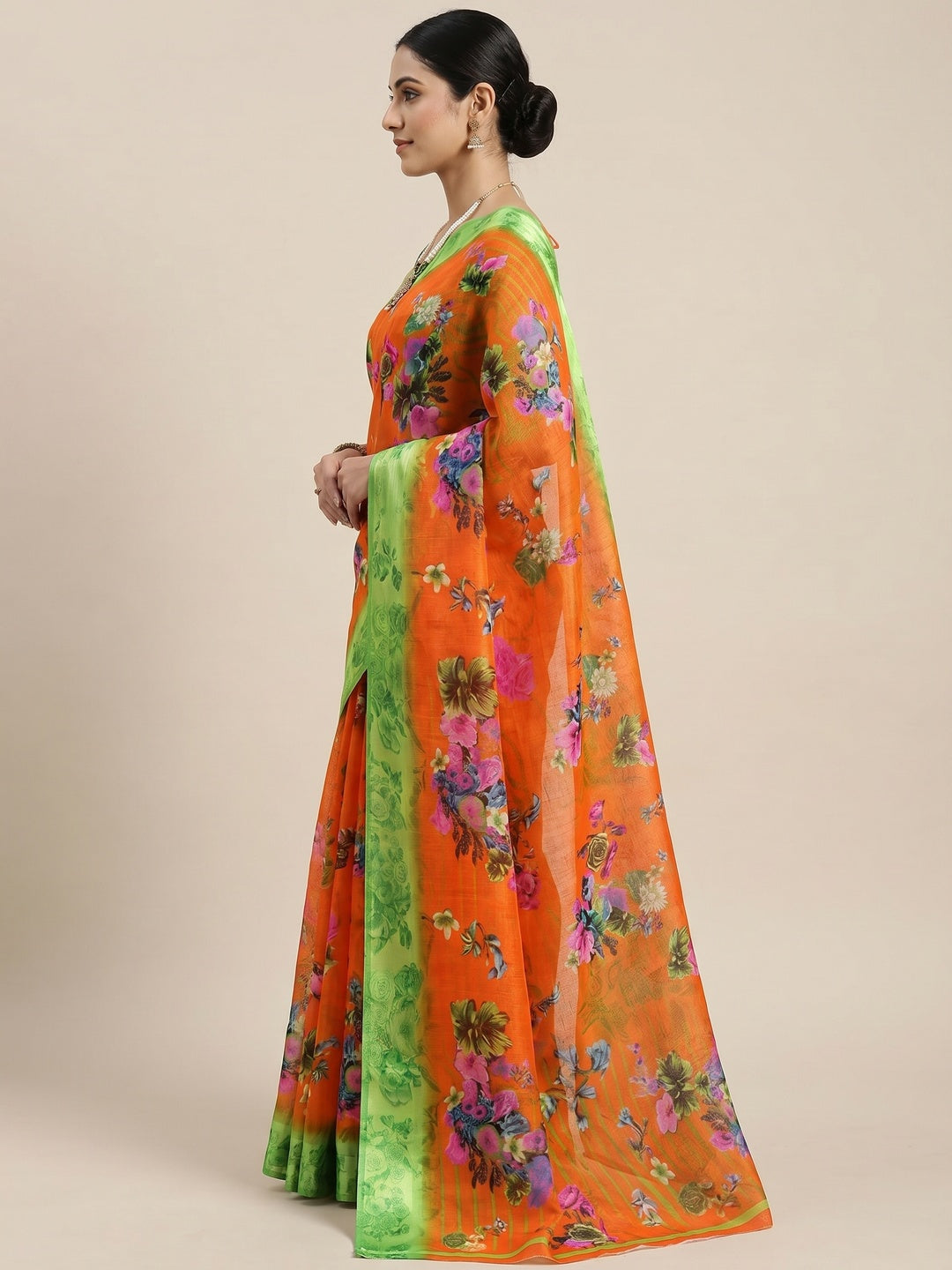 Orange Floral Printed Linen Saree - Image 2
