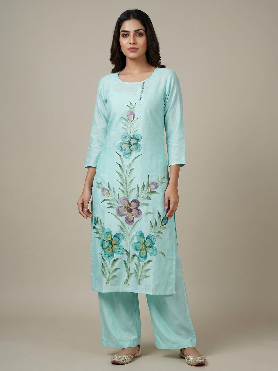 Aqua Blue Floral Printed With Embellished Cotton Silk Kurti Pant Set - Image 1
