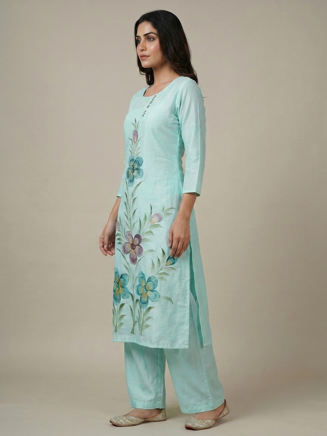 Aqua Blue Floral Printed With Embellished Cotton Silk Kurti Pant Set - Image 3