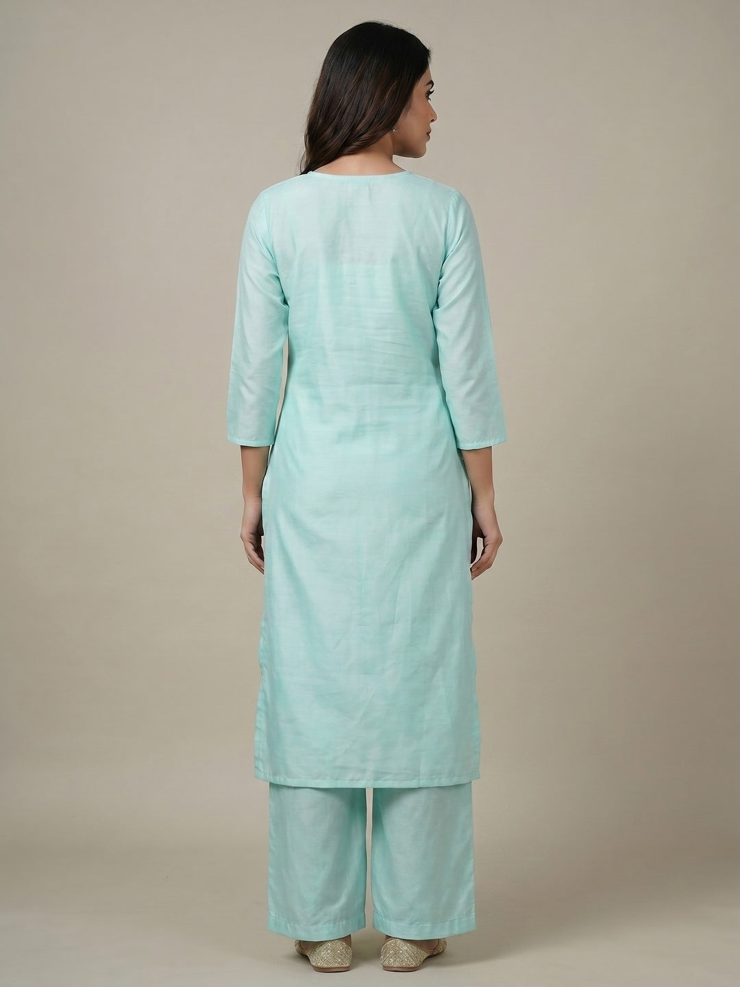 Aqua Blue Floral Printed With Embellished Cotton Silk Kurti Pant Set - Image 2