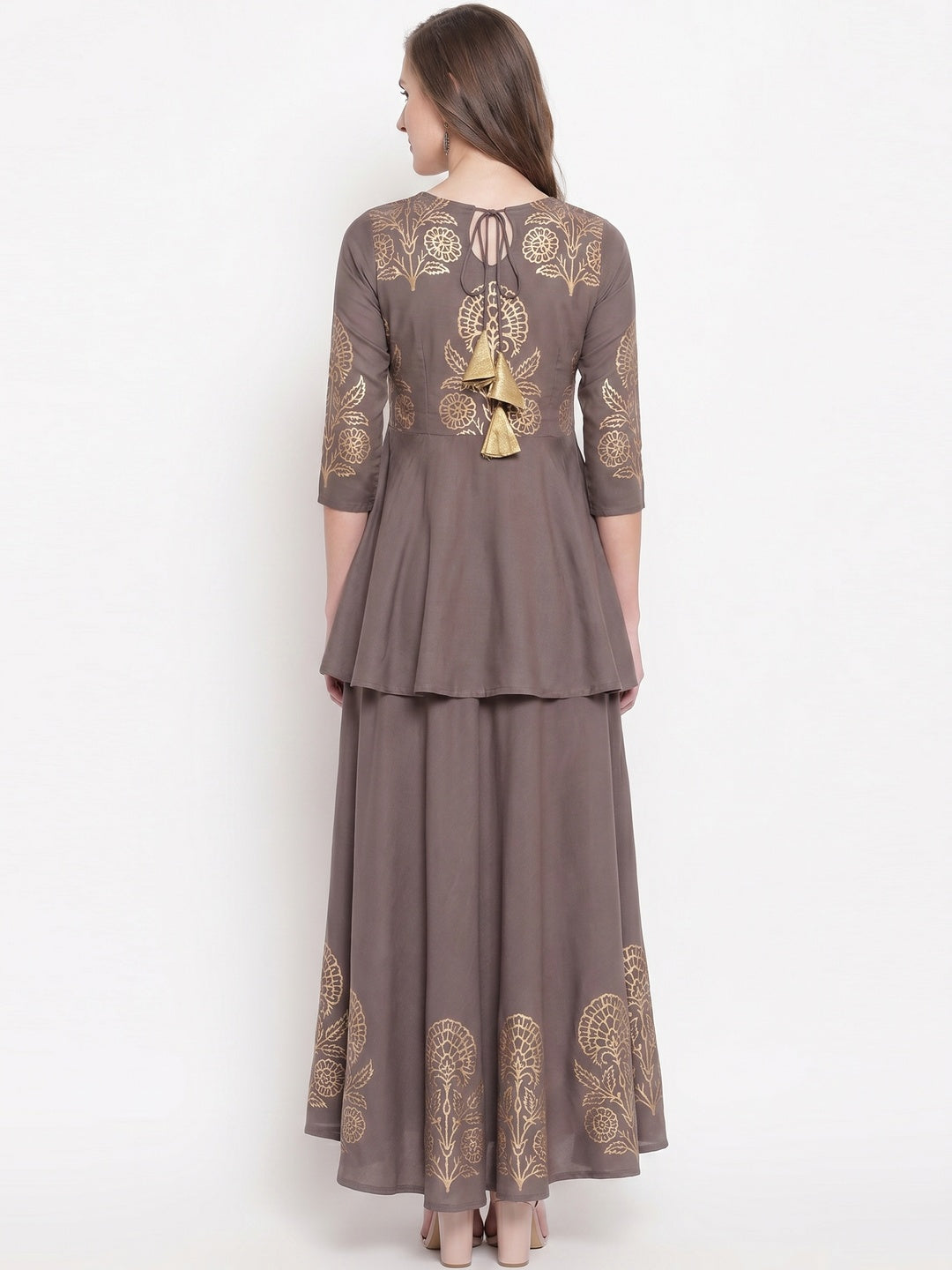 Grey Foil Printed Rayon Kurti-Skirt Set - Image 1