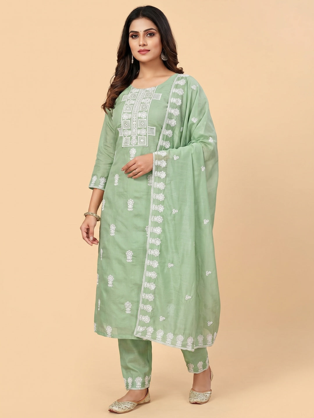 Green Floral Embroidered Chanderi Dress Material - Image 3