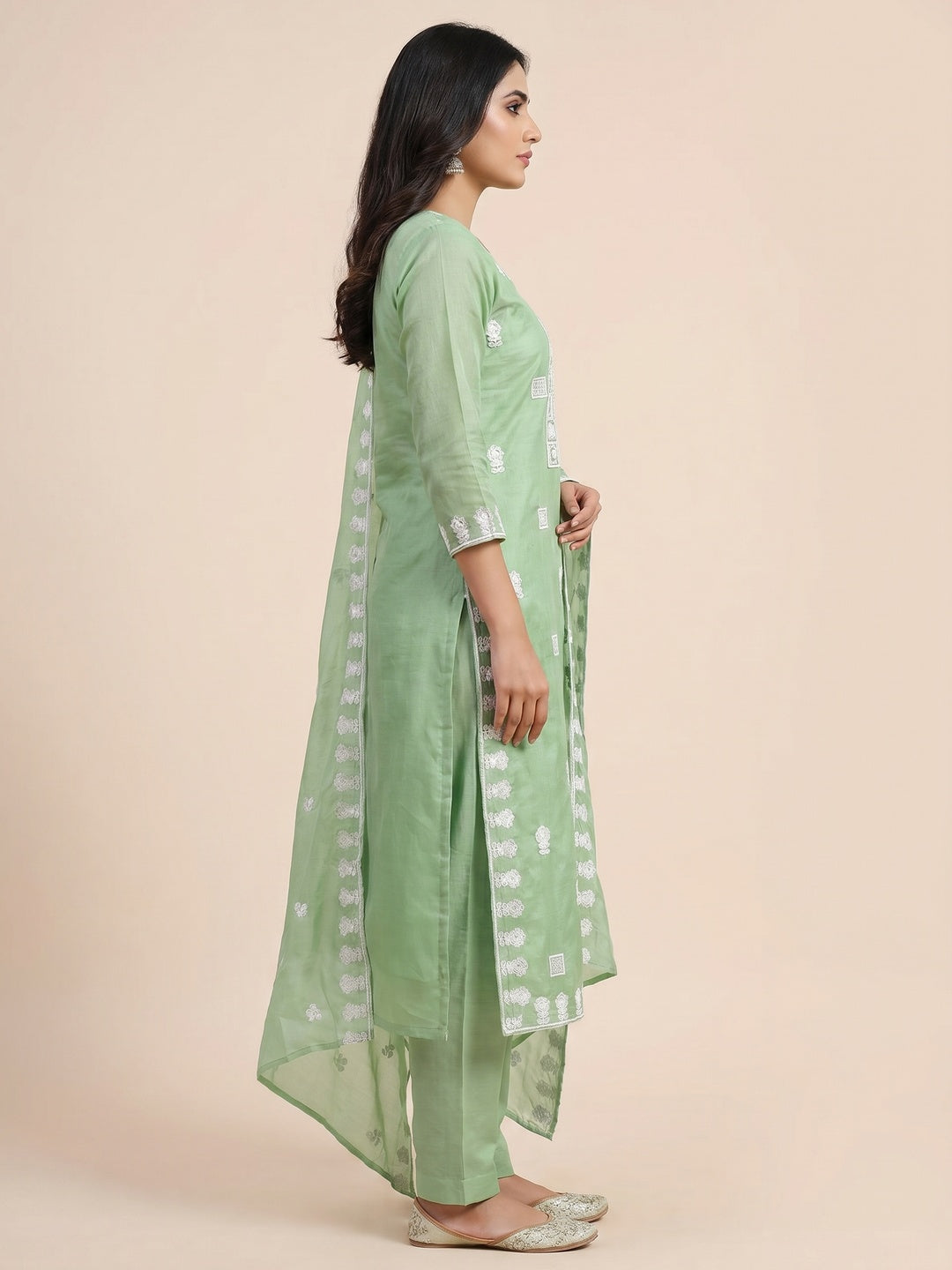 Green Floral Embroidered Chanderi Dress Material - Image 1