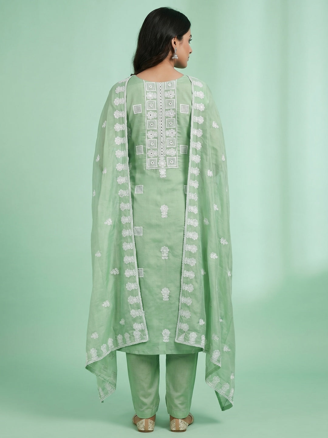 Green Floral Embroidered Chanderi Dress Material - Image 2