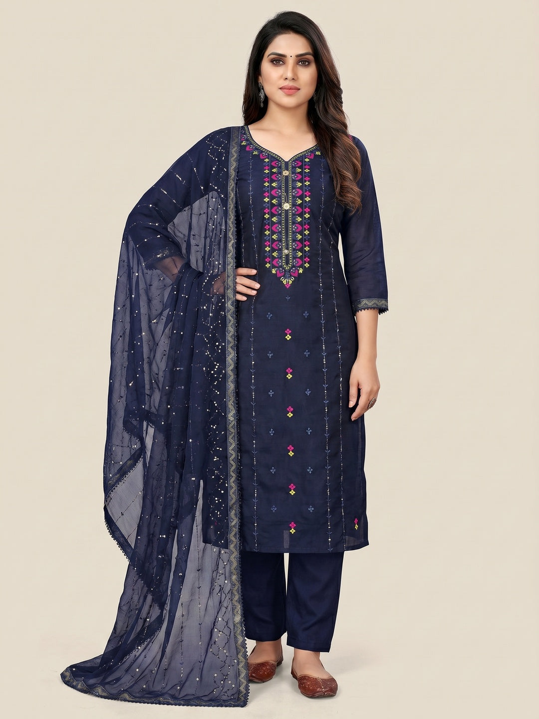 Navy Blue Embroidered Chanderi Dress Material - Image 1