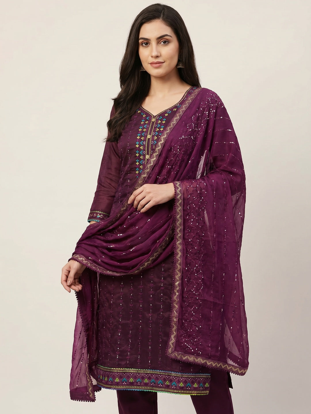 Wine Embroidered Chanderi Dress Material - Image 3