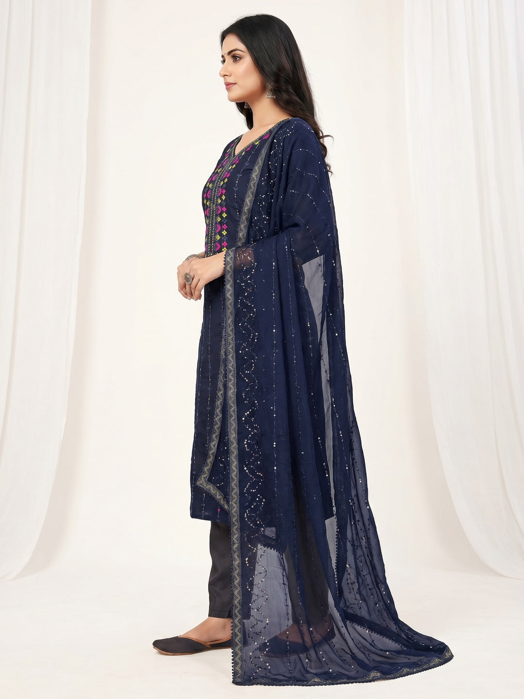 Navy Blue Embroidered Chanderi Dress Material - Image 2