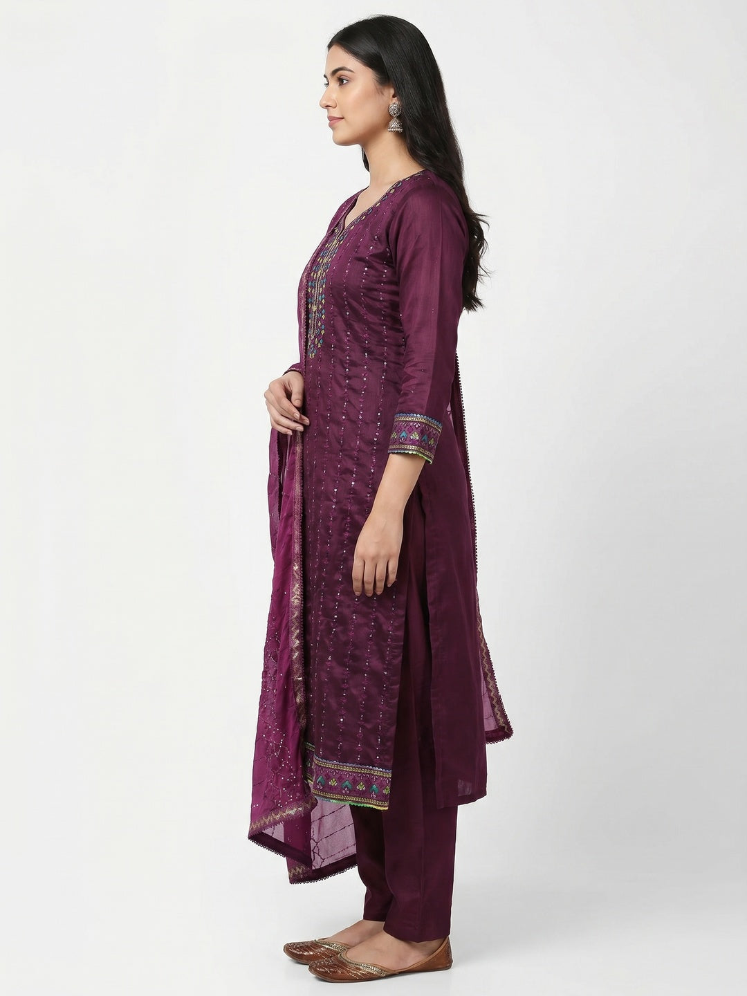 Wine Embroidered Chanderi Dress Material - Image 2