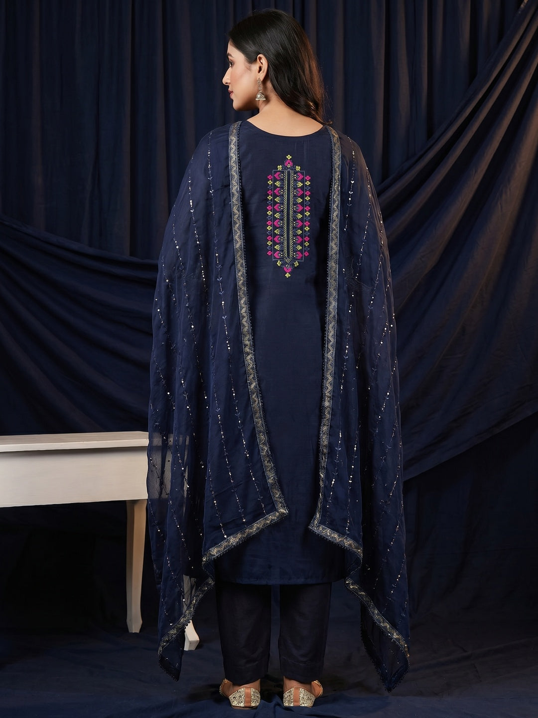 Navy Blue Embroidered Chanderi Dress Material - Image 3