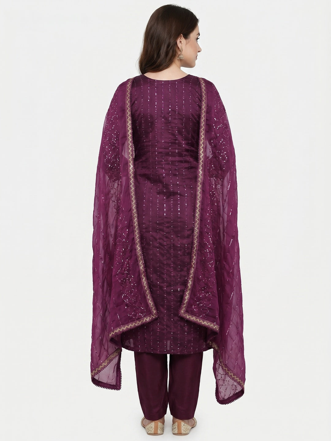 Wine Embroidered Chanderi Dress Material - Image 1