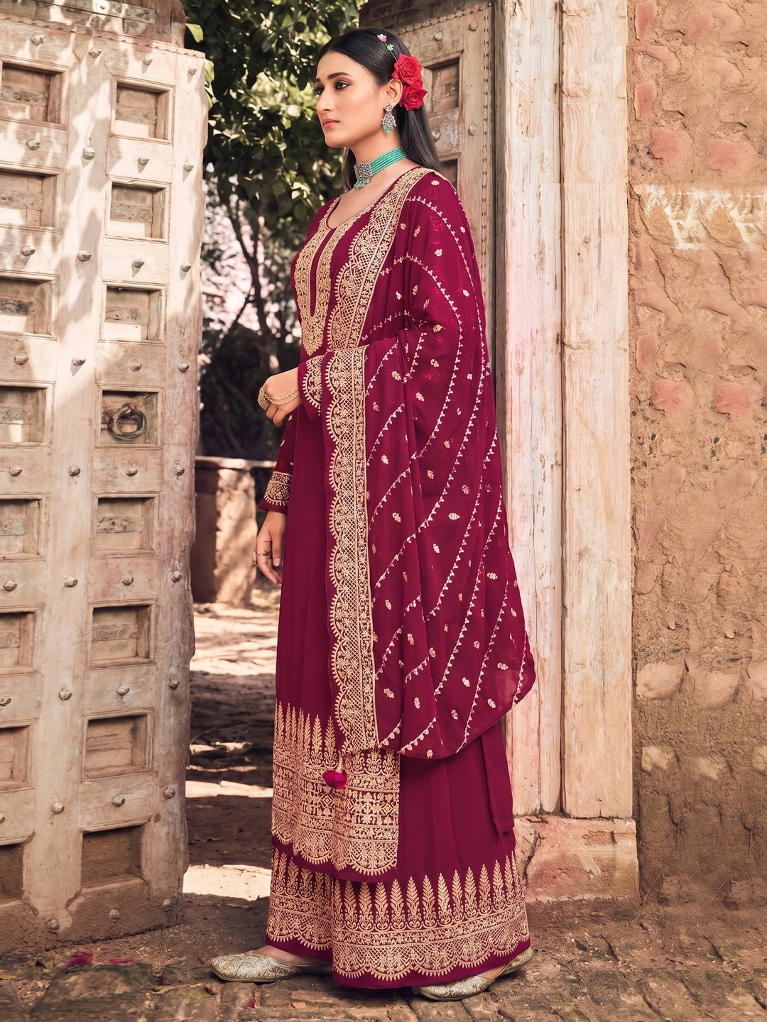 Rose Pink Embellished With Embroidered Georgette Palazzo Suit - Image 1
