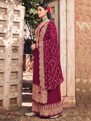 Rose Pink Embellished With Embroidered Georgette Palazzo Suit - Image 1