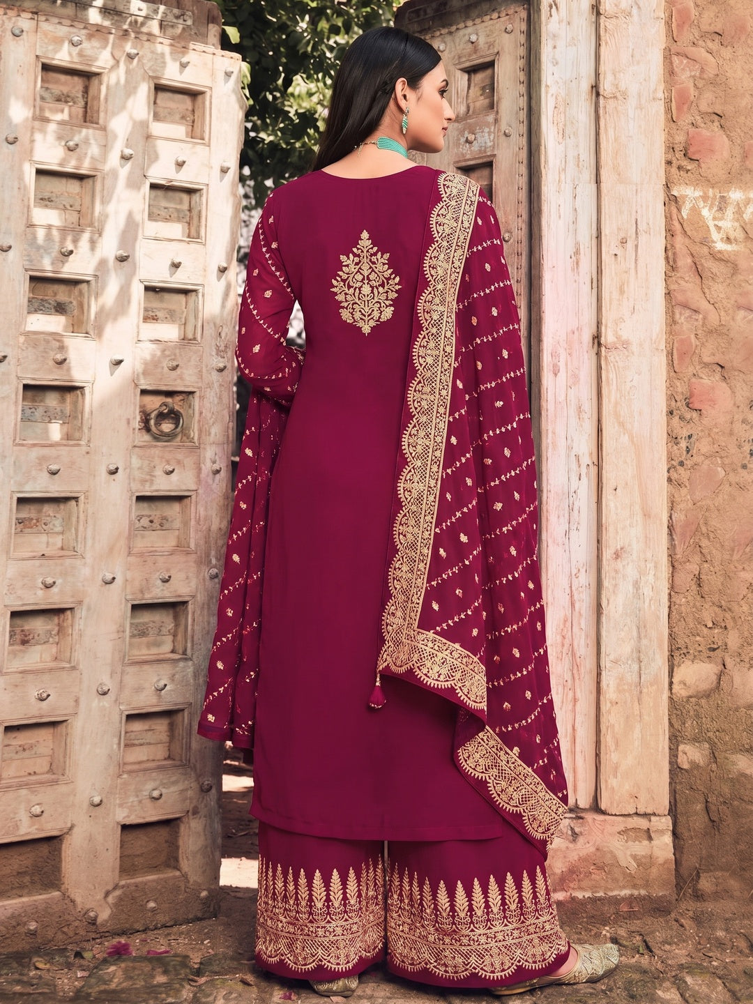 Rose Pink Embellished With Embroidered Georgette Palazzo Suit - Image 2
