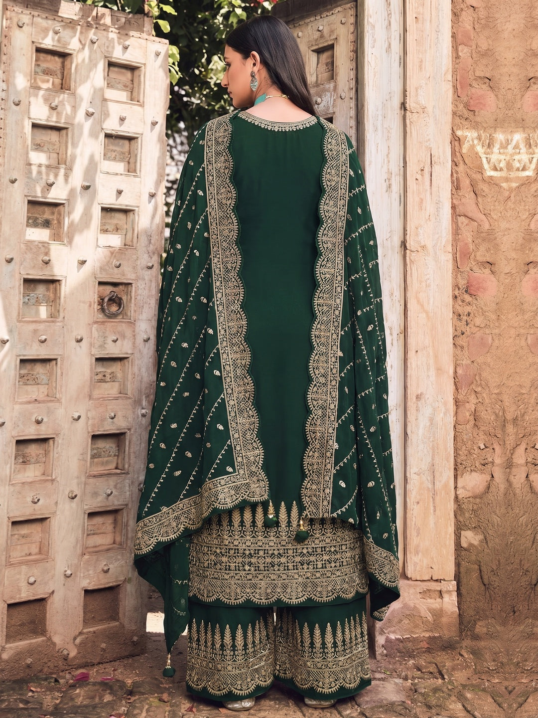 Green Embellished With Embroidered Georgette Palazzo Suit - Image 2