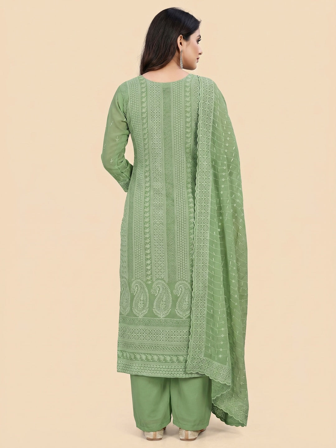 Green Lucknowi Embroidered Georgette Dress Material - Image 2
