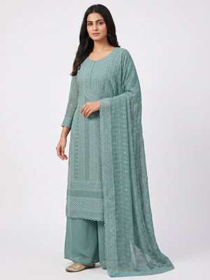 Grey Lucknowi Embroidered Georgette Dress Material - Image 1