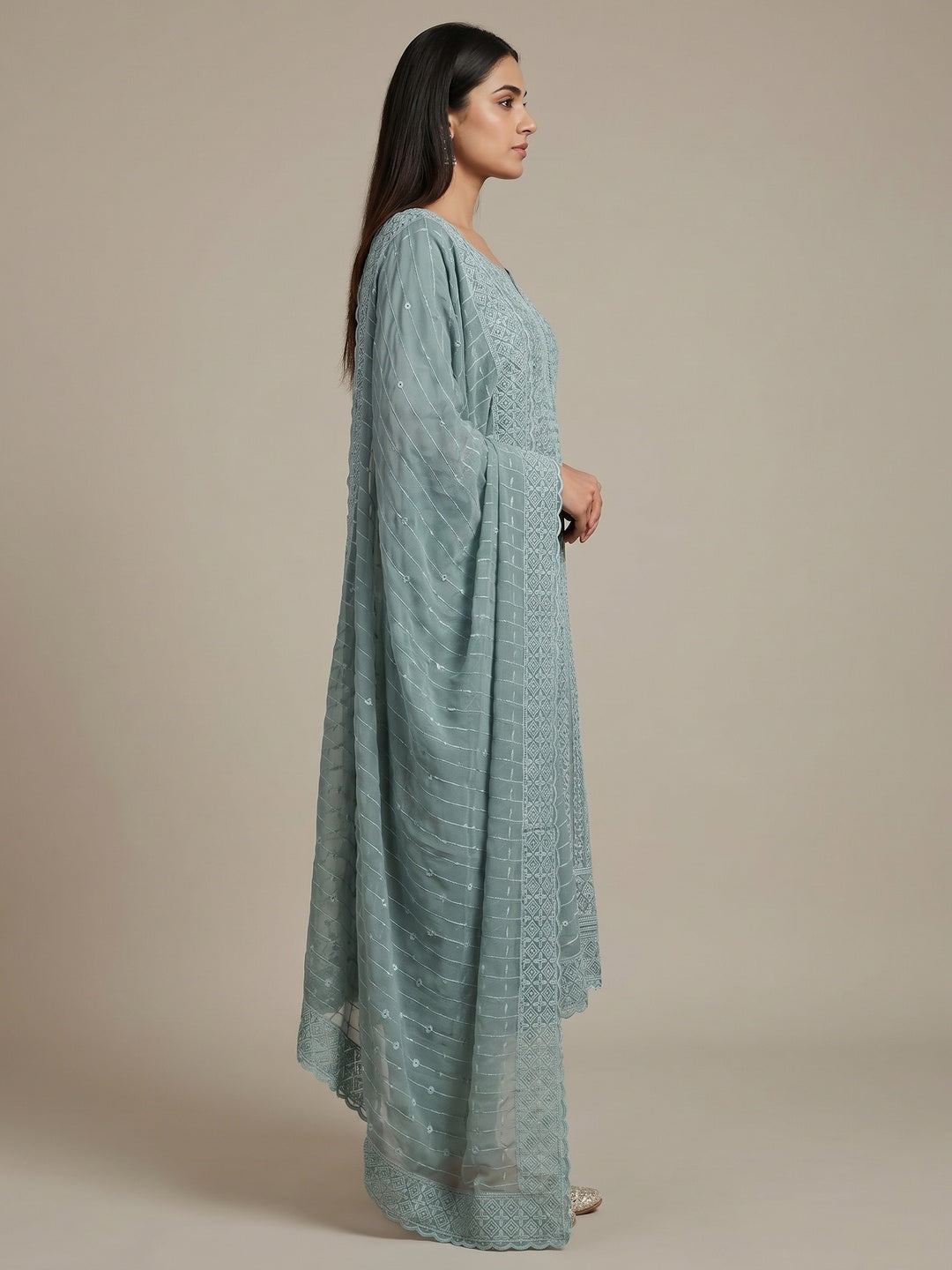 Grey Lucknowi Embroidered Georgette Dress Material - Image 2