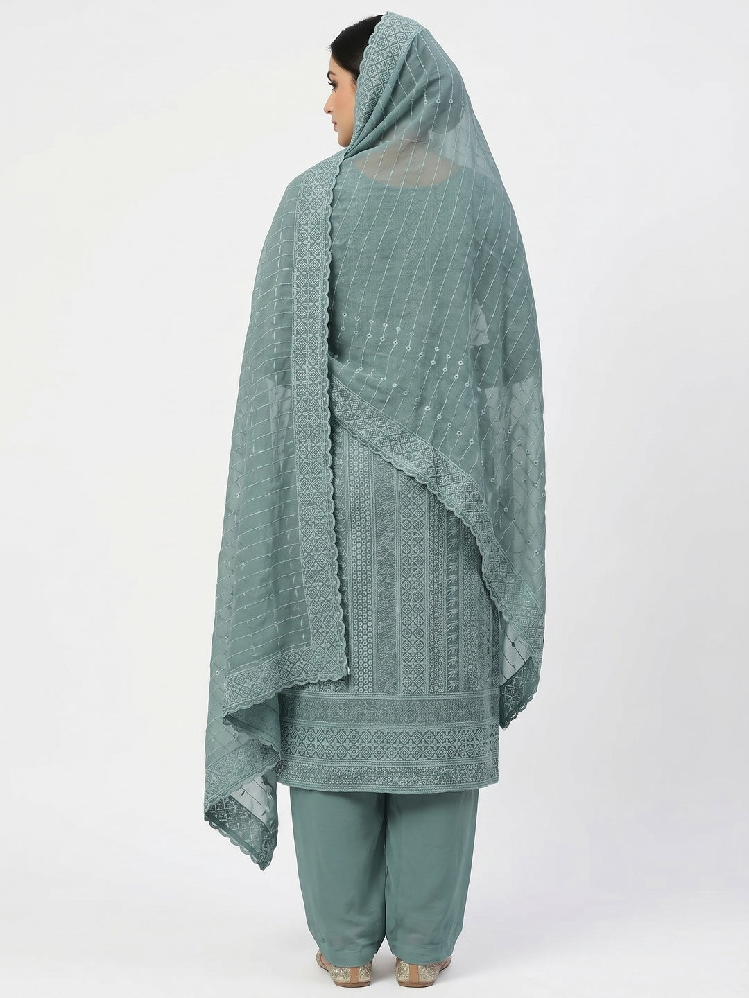 Grey Lucknowi Embroidered Georgette Dress Material - Image 4