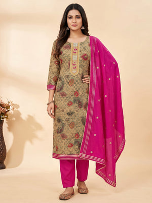 Cream Printed With Embellished Pure Cotton Dress Material - Image 1
