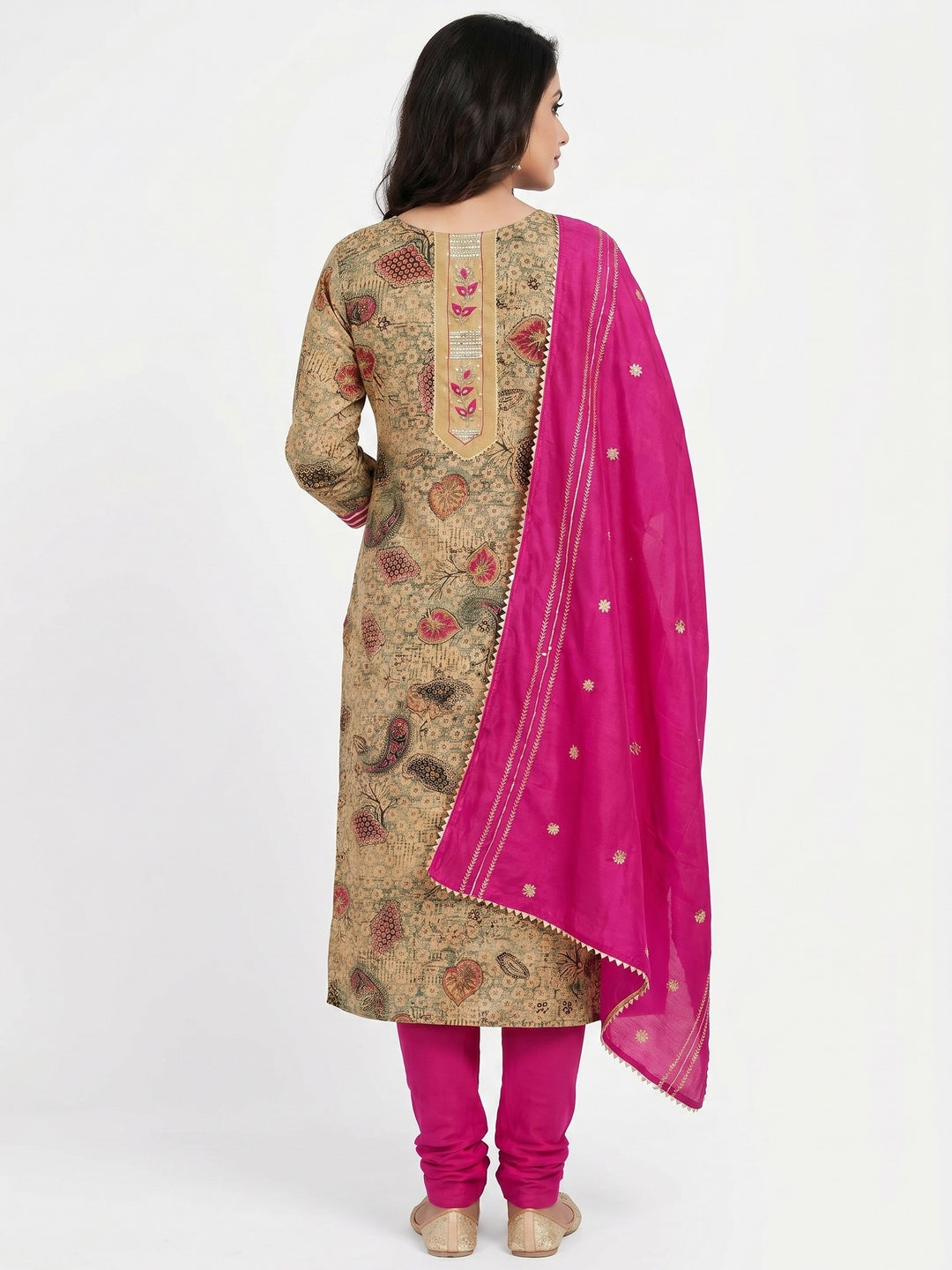 Cream Printed With Embellished Pure Cotton Dress Material - Image 2