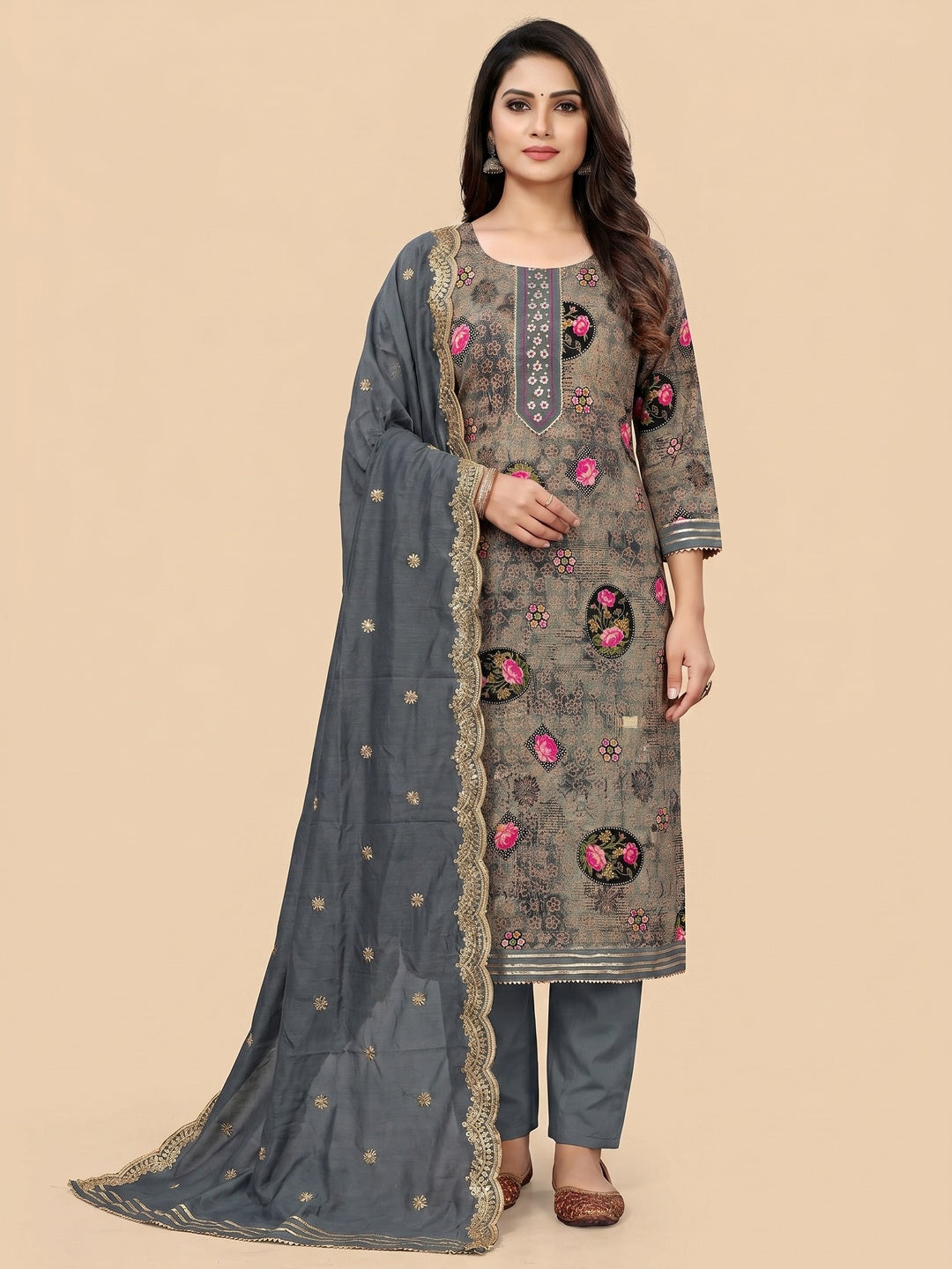 Grey Floral Printed With Embellished Pure Cotton Dress Material - Image 1