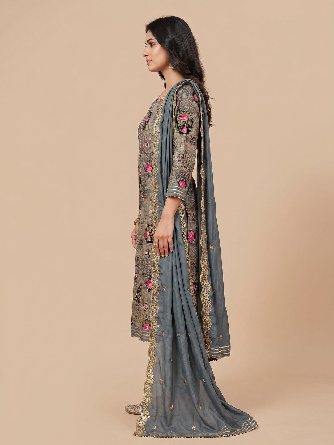 Grey Floral Printed With Embellished Pure Cotton Dress Material - Image 2